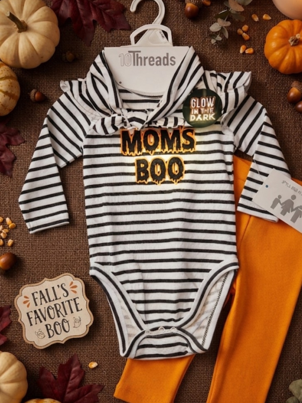 Black & White Striped "Moms Boo" Glow-in-the-Dark Baby Onesie Set